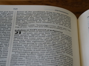 A close-up of an open book displaying text from the Old Testament. The pages show biblical passages, including numbered sections and some highlighted words.