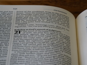 A close-up of an open book displaying text from the Old Testament. The pages show biblical passages, including numbered sections and some highlighted words.