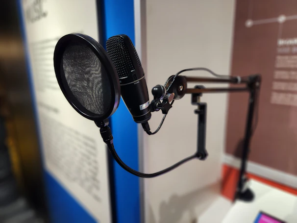 Professional studio microphone set up with pop filter in a recording space.