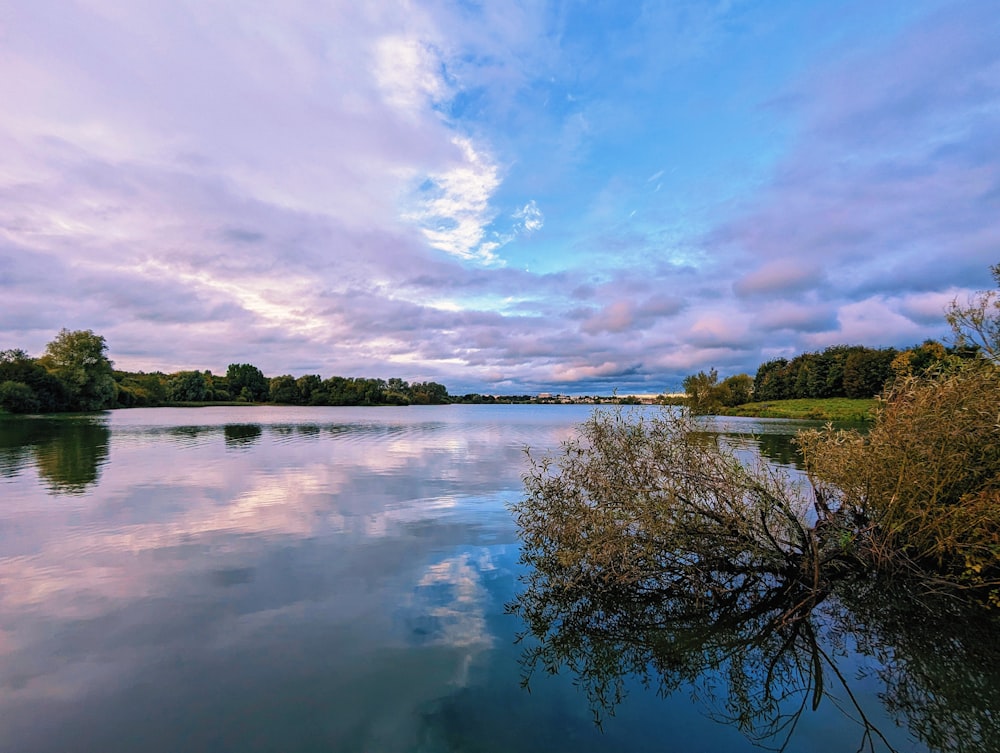 a body of water surrounded by trees and clouds