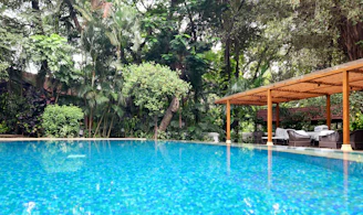 Bright and airy poolside with lush greenery and comfortable furniture.