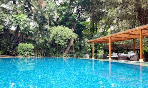 Private pool surrounded by lush greenery and wooden deck chairs.