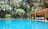 A refreshing swimming pool surrounded by lush greenery and lounge chairs.