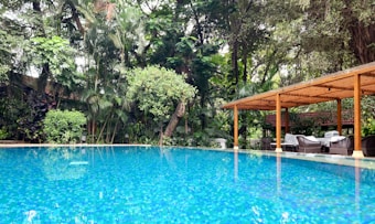 A serene swimming pool surrounded by lush green vegetation and trees. On the right side, there is a wooden pergola with wicker chairs, providing a shaded area for relaxation.