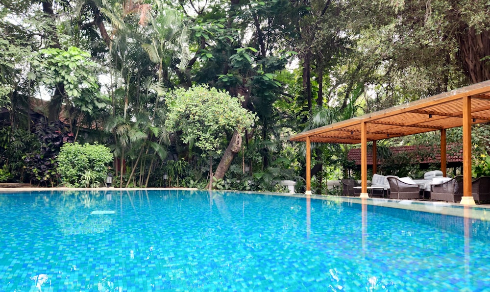 a large swimming pool surrounded by lush green trees