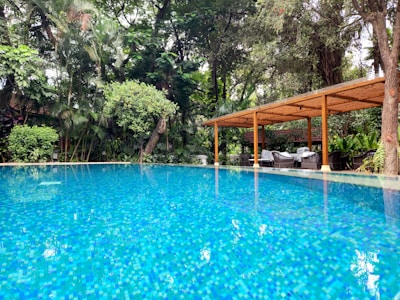 A serene outdoor pool with clear blue water is surrounded by lush, green foliage. On one side, a wooden pergola with comfortable chairs provides a shaded seating area. Tall trees and various plants border the pool, creating a tranquil garden atmosphere.