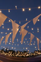 Smiling faces celebrating a milestone under glowing string lights at dusk.