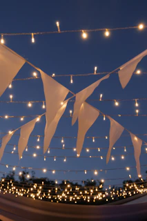 Smiling faces celebrating a milestone under glowing string lights at dusk.