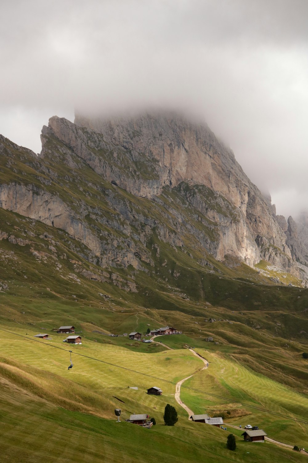 a grassy field with a mountain in the background