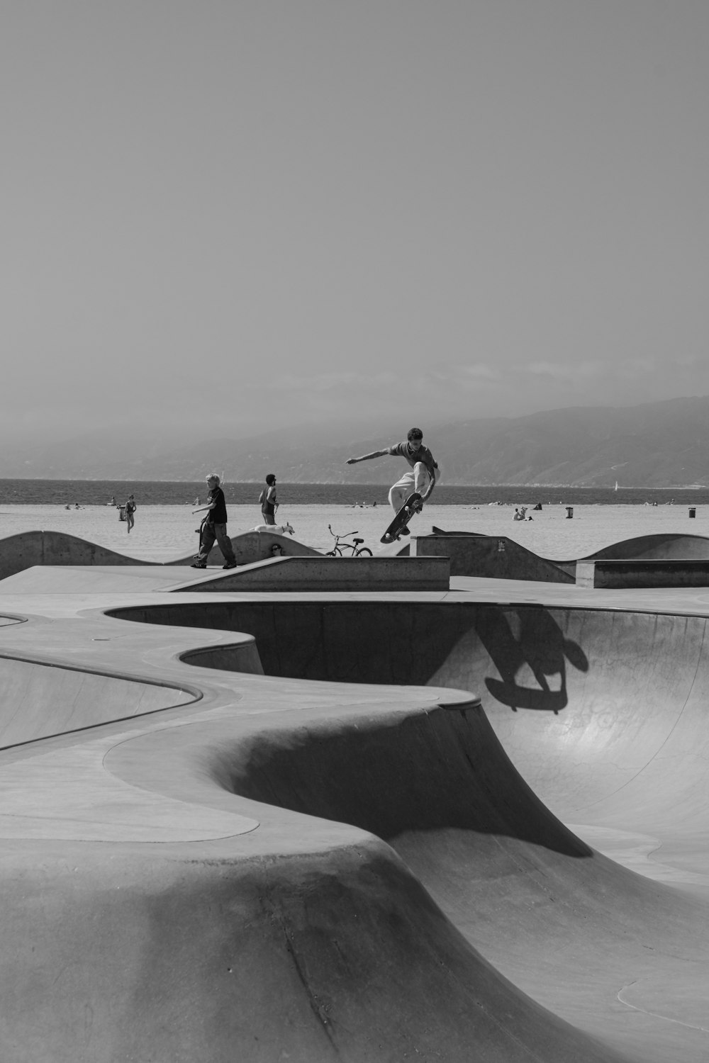 a group of people riding skateboards at a skate park
