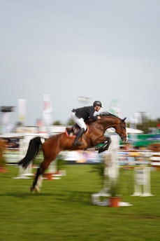 a man riding a brown horse over an obstacle