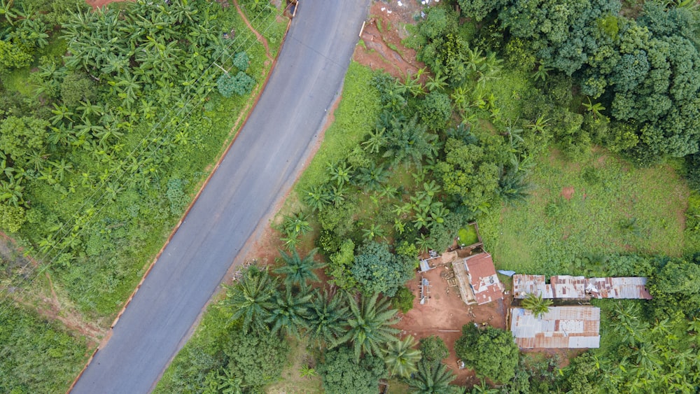 an aerial view of a house in the middle of a forest