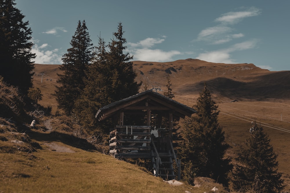 a wooden structure in the middle of a field