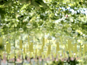 a group of glass balls hanging from a wire