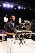 A candid moment of lor3nzo_music smiling while performing on stage.