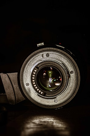 Close-up of a high-end camera lens with detailed focus rings and glass elements.