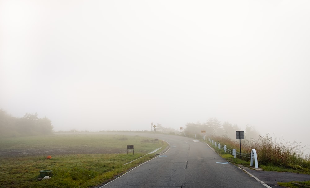 a foggy road in the middle of a field