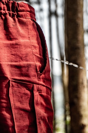 A close-up of red fabric, possibly pants or a skirt, with visible stitch lines and a pocket. The background features blurred vertical lines, suggesting trees or wooden posts, with a thin strand crossing horizontally in the foreground.