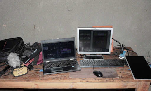 A newsroom desk with a microphone, laptop, and scattered notes.
