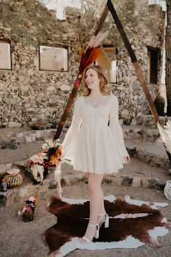 a woman wearing a white dress and a hat
