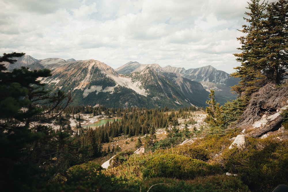 a view of a mountain range with trees and mountains in the background