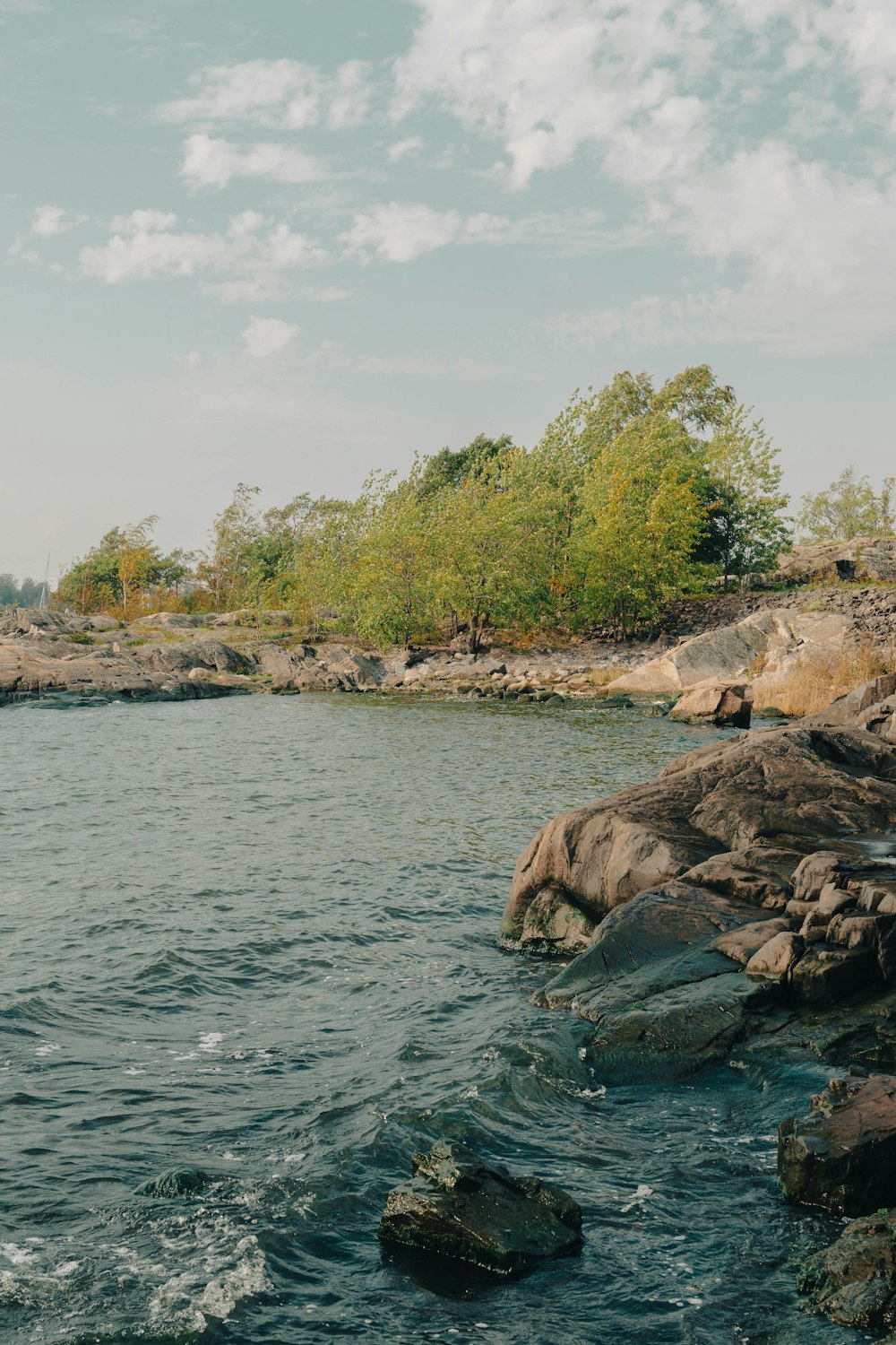 a body of water surrounded by rocks and trees