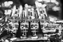 Intricate metallic components of a musical instrument, possibly a brass instrument like a trumpet or French horn, are visible. The image focuses on the decorative engravings and the complex network of valves and tubing, captured in a soft black and white color scheme with a bokeh effect in the background.