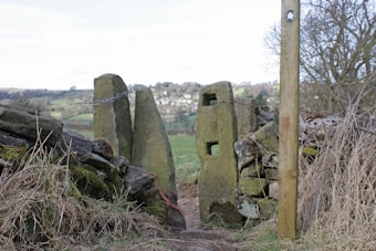 A stone wall and two large stone portals, with a chain strung between them, form a rustic gateway leading to a grassy field. The scene includes dry grass in the foreground and a wooden post to the right. The background features a landscape with rolling hills and distant trees.