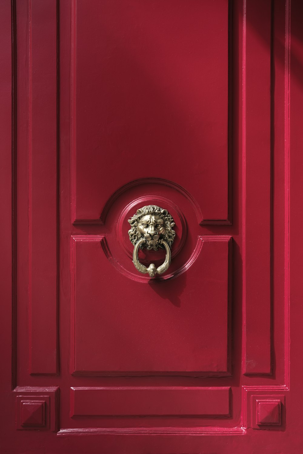 a red door with a lion head handle