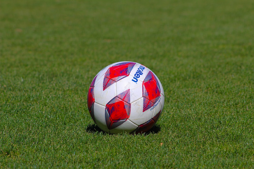 a soccer ball sitting on top of a lush green field