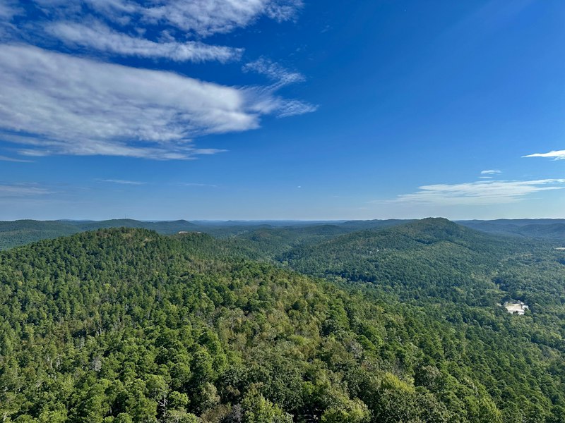 Rolling forested ridges of green pine and hardwood stretching to the horizon under a blue sky with wispy white clouds