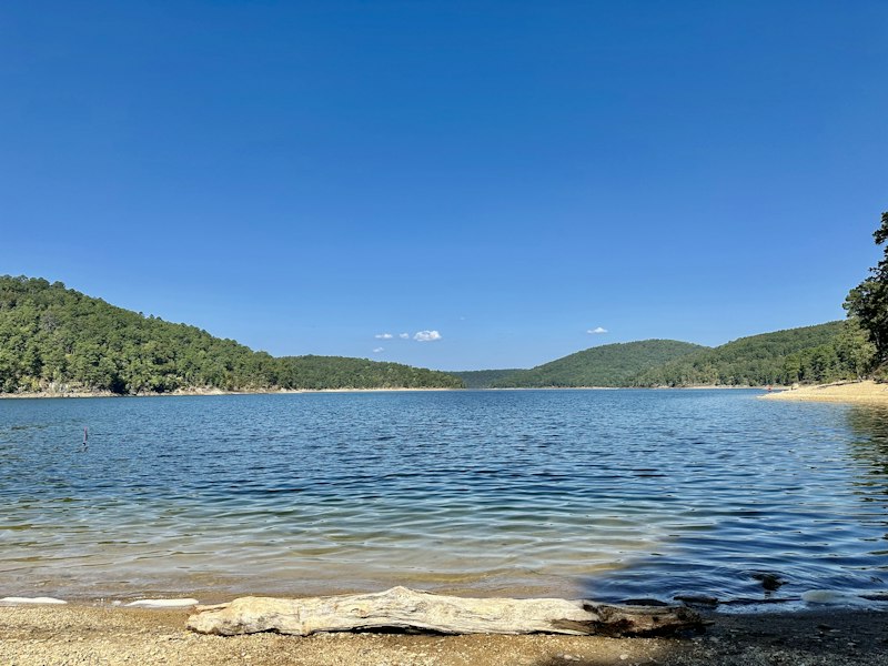 Clear, shallow lake water lapping a pebbly beach with a bleached driftwood log, forested hills rising on the far shore under a deep blue sky