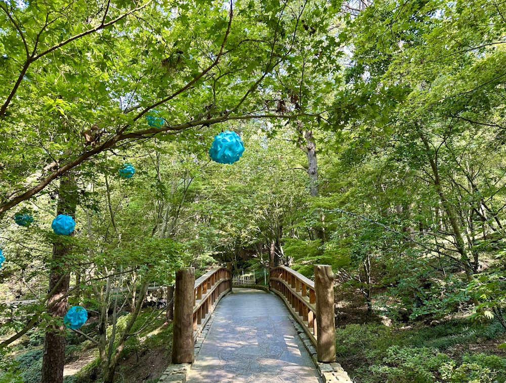 a wooden bridge in the middle of a forest