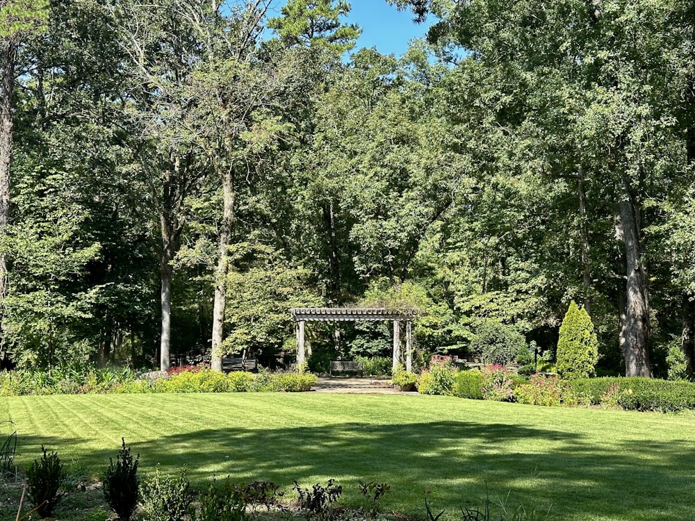 a lush green park with a gazebo surrounded by trees