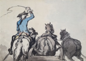 a drawing of a man riding on the back of a horse