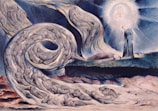 A mystical scene with ethereal figures swirling in a spiral around a central point. A luminous figure stands on the right, with a bright halo. Shadowy forms and layers of swirling shapes create a dynamic and otherworldly atmosphere.