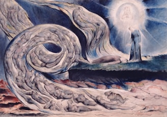 A mystical scene with ethereal figures swirling in a spiral around a central point. A luminous figure stands on the right, with a bright halo. Shadowy forms and layers of swirling shapes create a dynamic and otherworldly atmosphere.