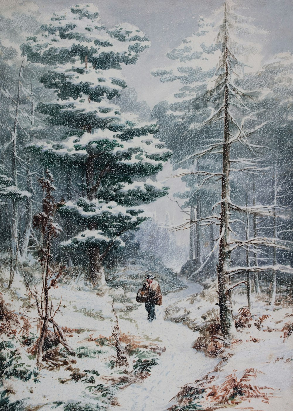 Un dipinto di un uomo che cammina attraverso una foresta innevata