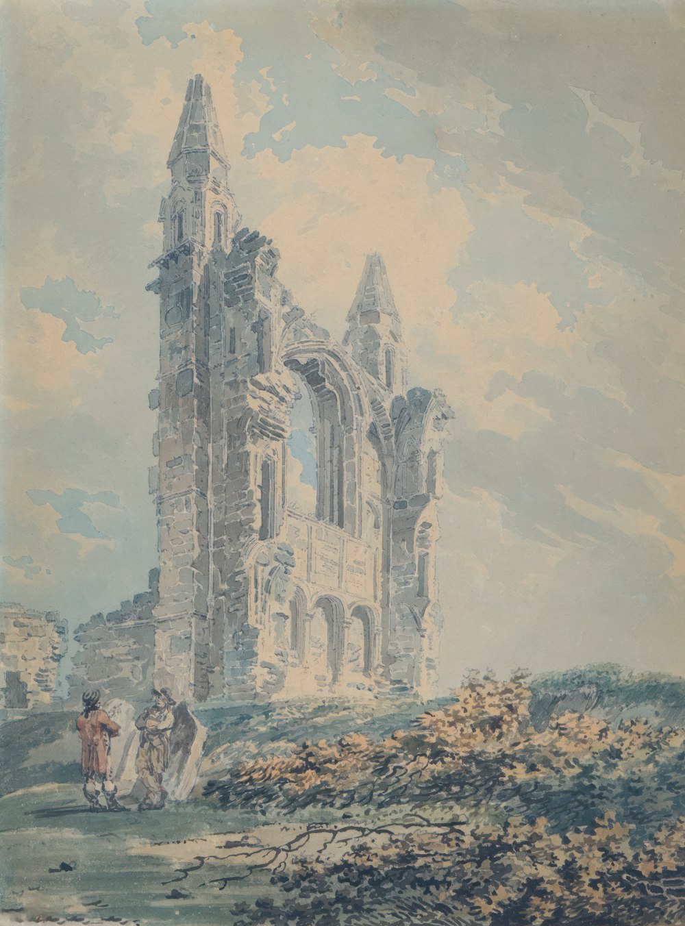 a painting of a castle with people standing in front of it