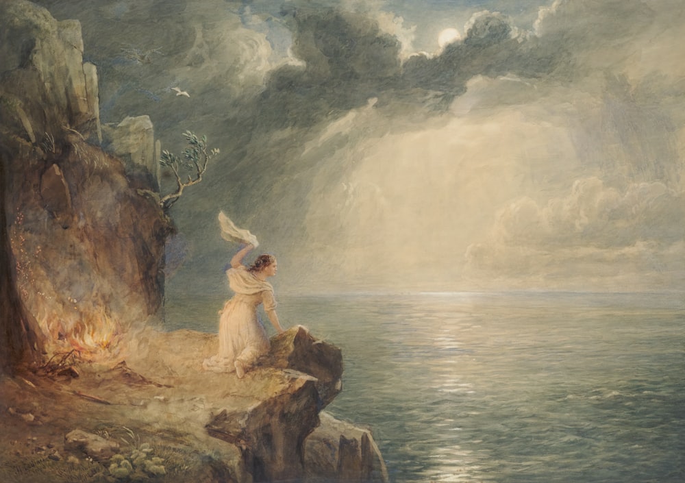 uma pintura de uma mulher sentada em um penhasco
