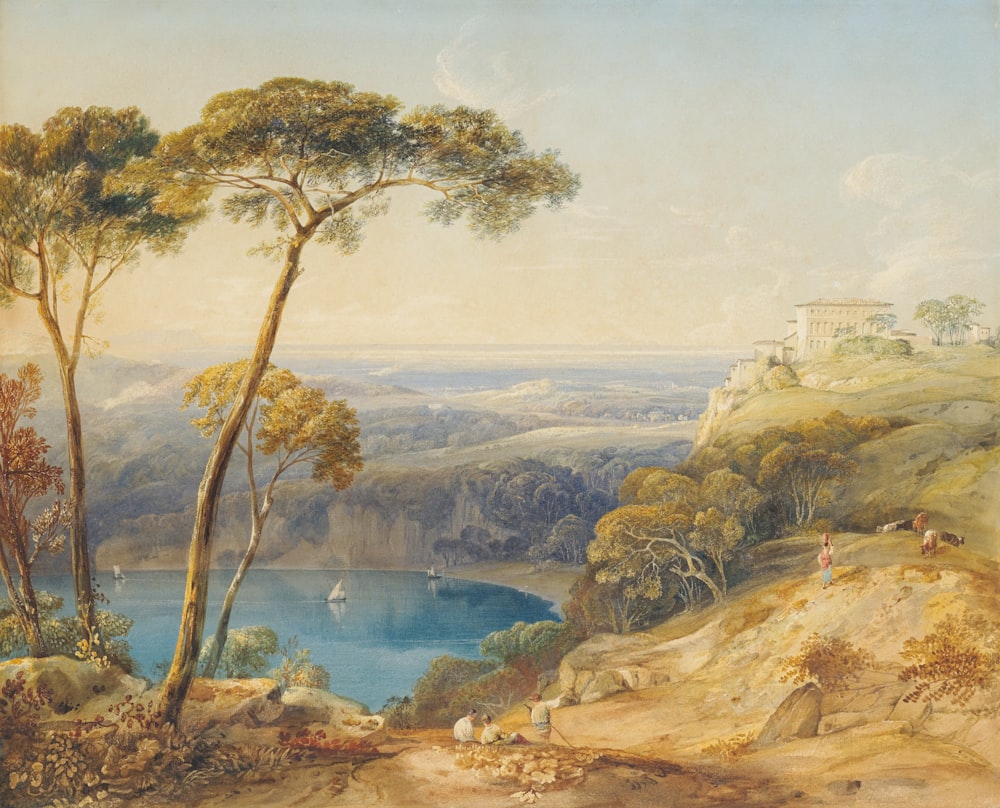 a painting of a landscape with trees and a body of water
