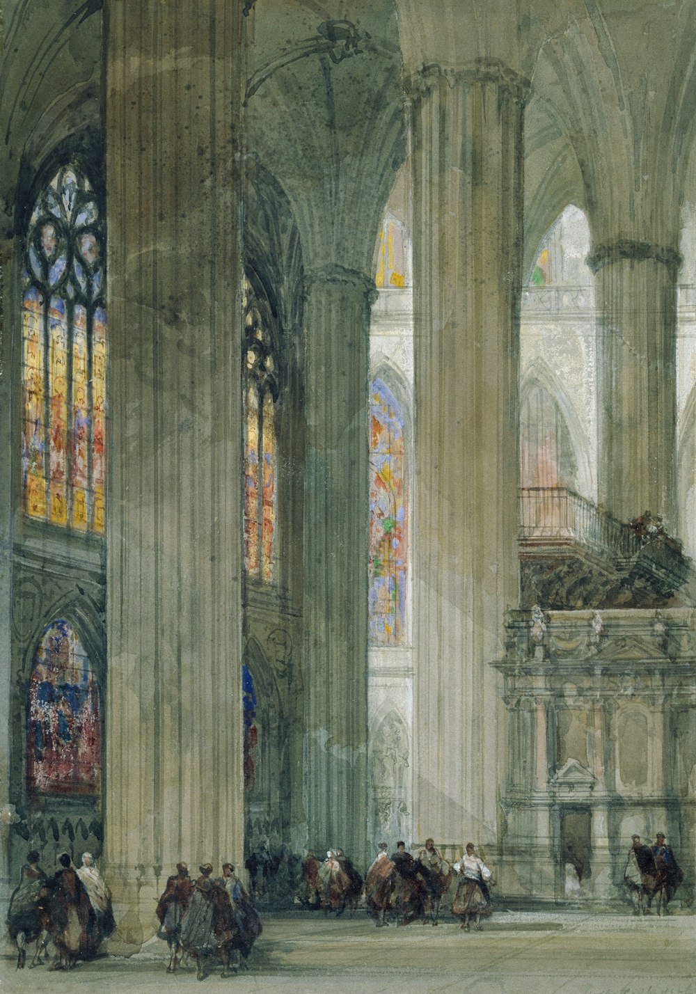 uma pintura de uma grande catedral com pessoas nela