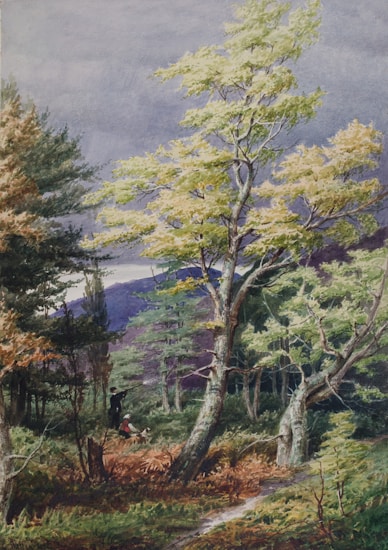 A picturesque forest scene featuring tall, leafy trees and lush undergrowth. In the background, a misty mountain range under a cloudy sky adds depth to the setting. Two figures, a hunter with a gun and a dog, are subtly placed amidst the greenery, presenting a sense of adventure.