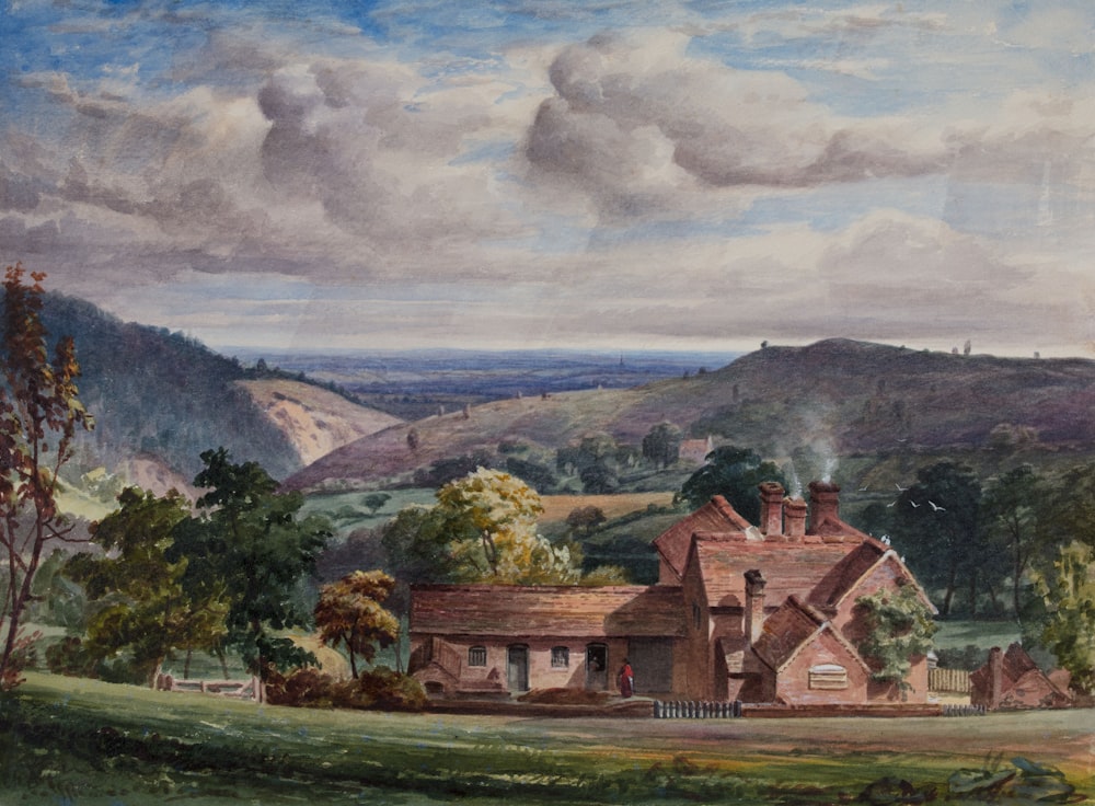 a painting of a country house in the countryside
