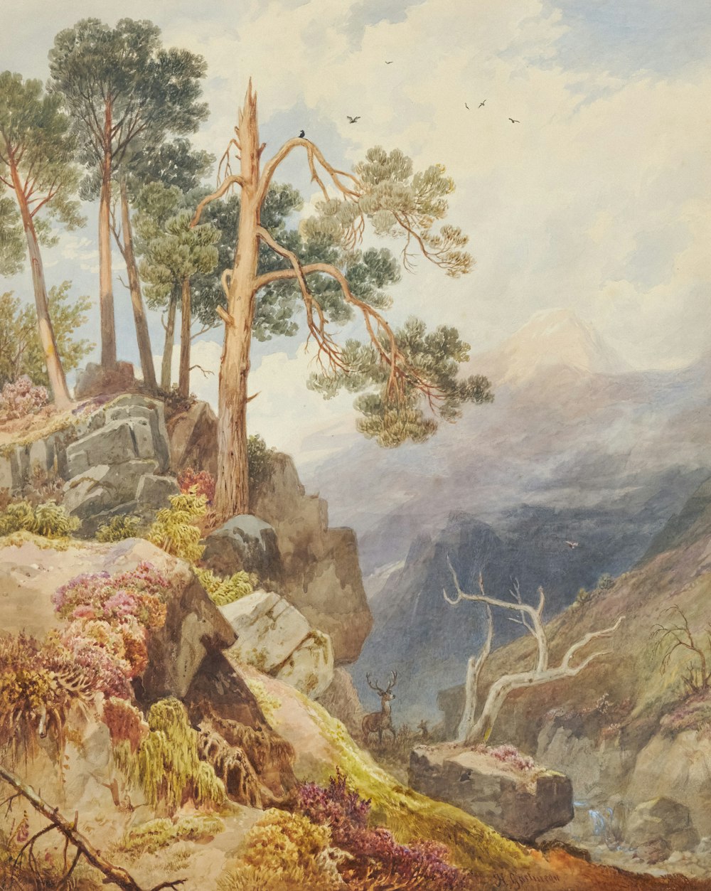 a painting of a mountain scene with trees and rocks