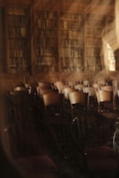Soft-focus shot of a calm academic library interior with royal blue banners hanging.