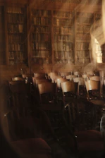 A warm, sepia-toned portrait of Harry Berg seated in a classic library surrounded by shelves of worn books.
