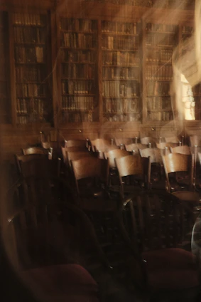 A warm, sepia-toned portrait of Harry Berg seated in a classic library surrounded by shelves of worn books.