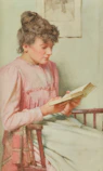 A woman in a pink dress reads a book