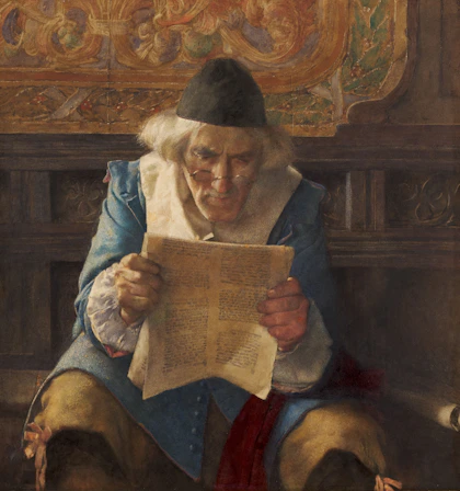 Elderly man in historical clothing reading a document.